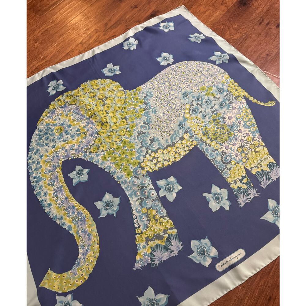 Auth. Vintage Salvatore Ferragamo 100% Silk Floral Elephant Scarf Large 88CM